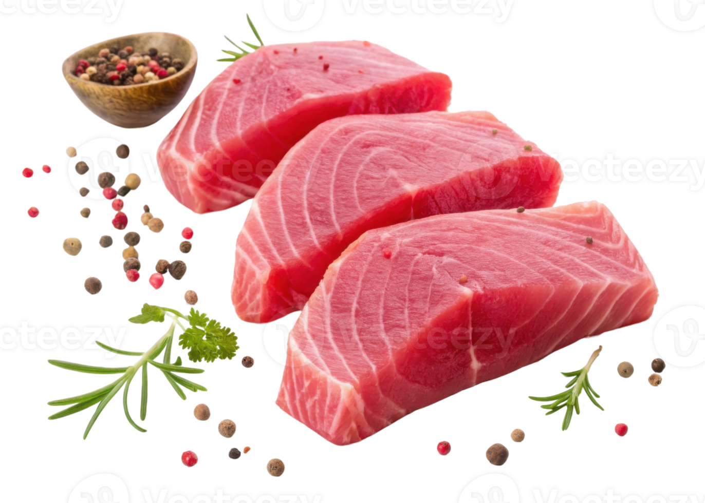 Fresh tuna steak slices with herbs and peppercorns create vibrant and appetizing seafood presentation full of natural color and texture png