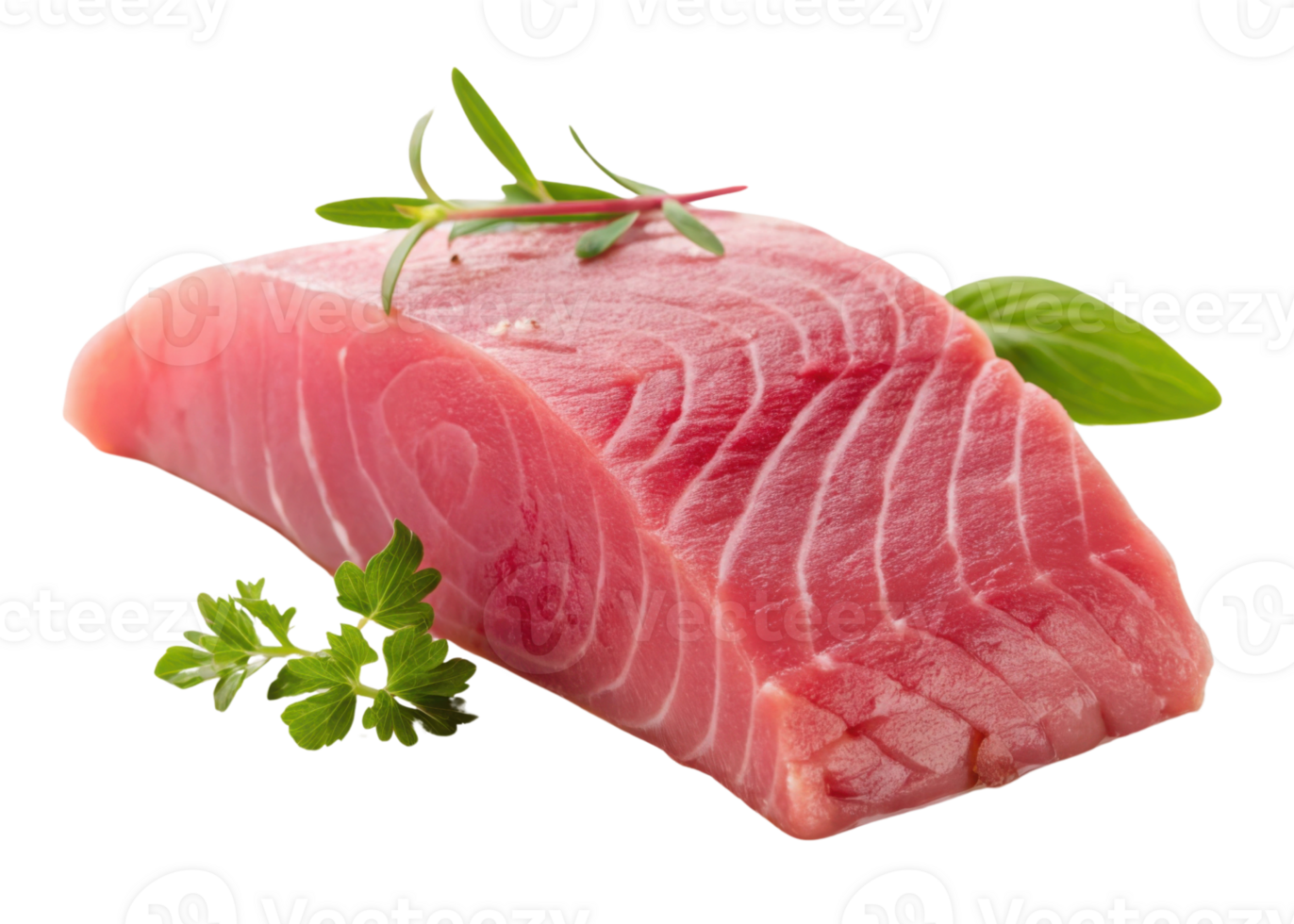 Fresh tuna steak with green herbs on transparency background showing vibrant texture and color of raw fish for cooking or seafood dishes png