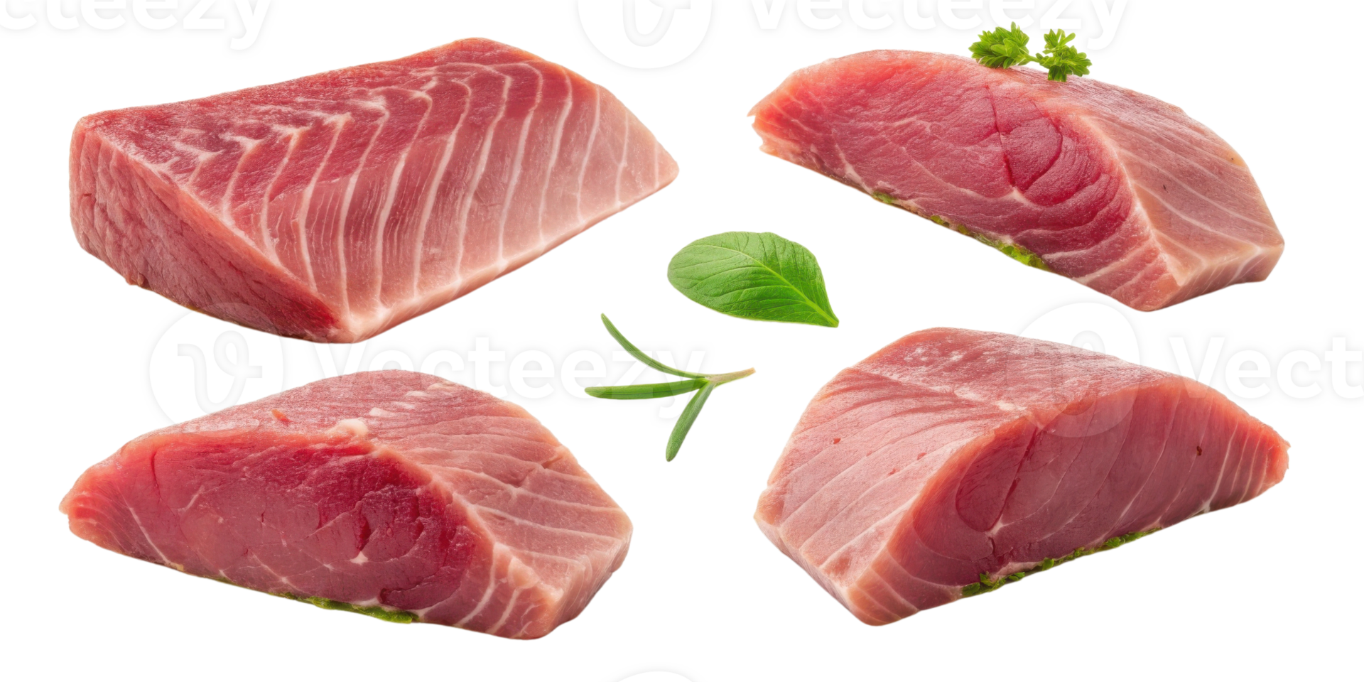Fresh tuna steak with herbs and spices isolated on transparency background showing raw seafood cut for cooking png