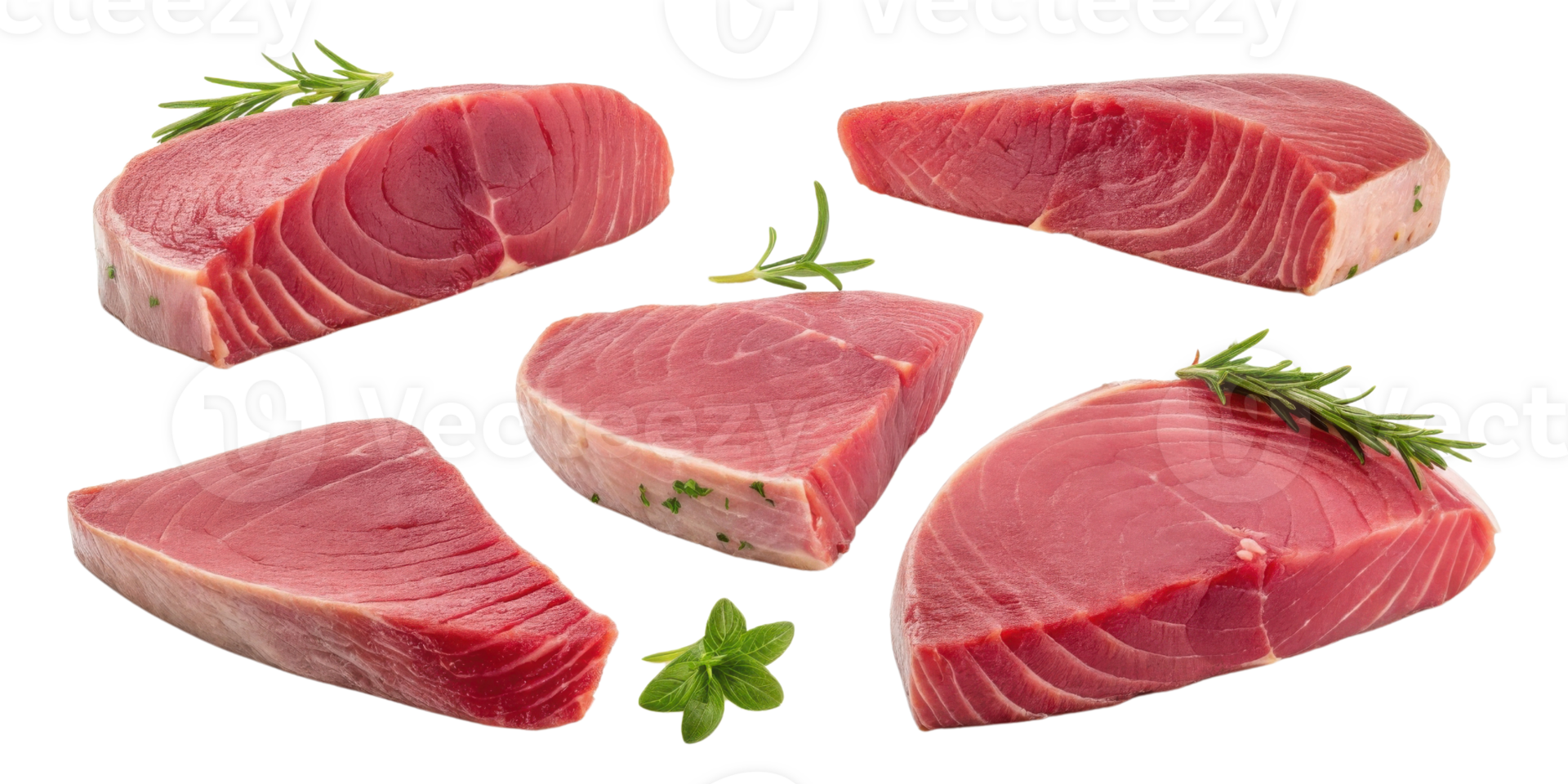 Fresh tuna steak pieces with herbs arranged on transparency background showing vibrant red color and texture of raw fish meat png