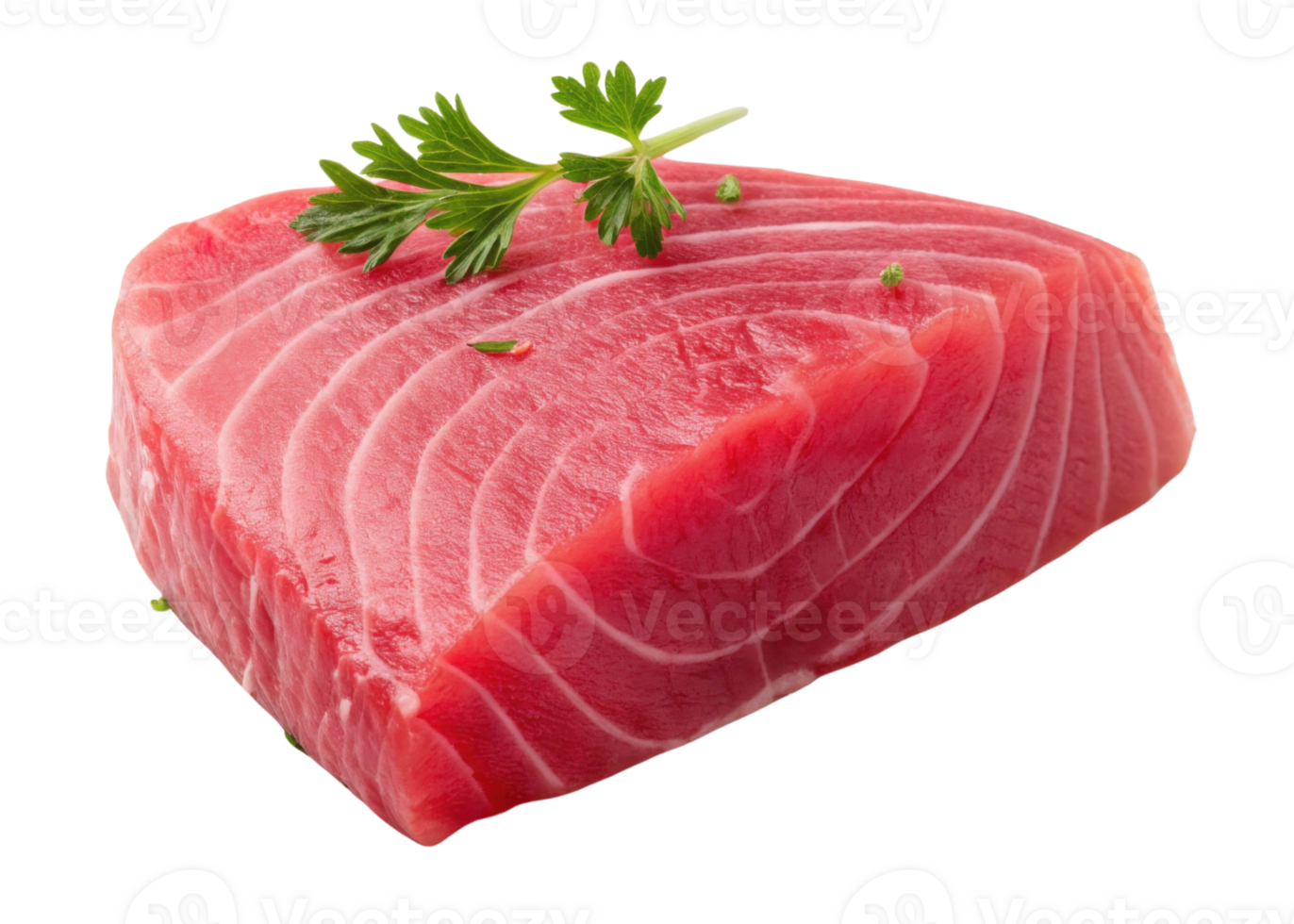 Fresh tuna steak with green herb garnish on top showing vibrant red color and texture perfect for cooking or sushi png