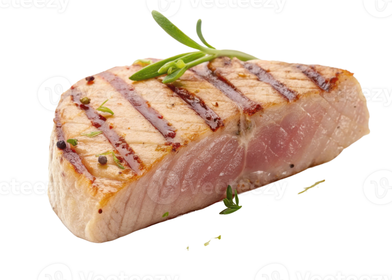 Grilled tuna steak with herbs and pepper seasoning showing fresh pink center and appetizing grill marks for delicious meal png