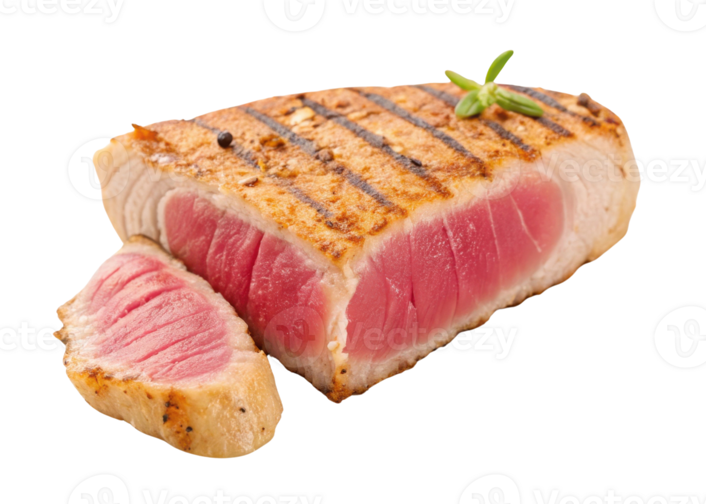Grilled tuna steak with fresh herbs and peppercorns showing tender pink center and charred grill marks for delicious meal png