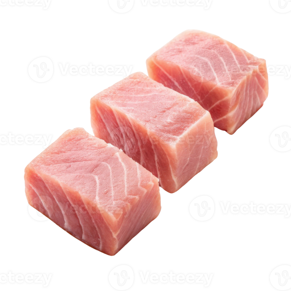 Fresh tuna cut into three thick rectangular pieces showing pink texture and natural pattern of fish meat ready for cooking or sushi preparation png