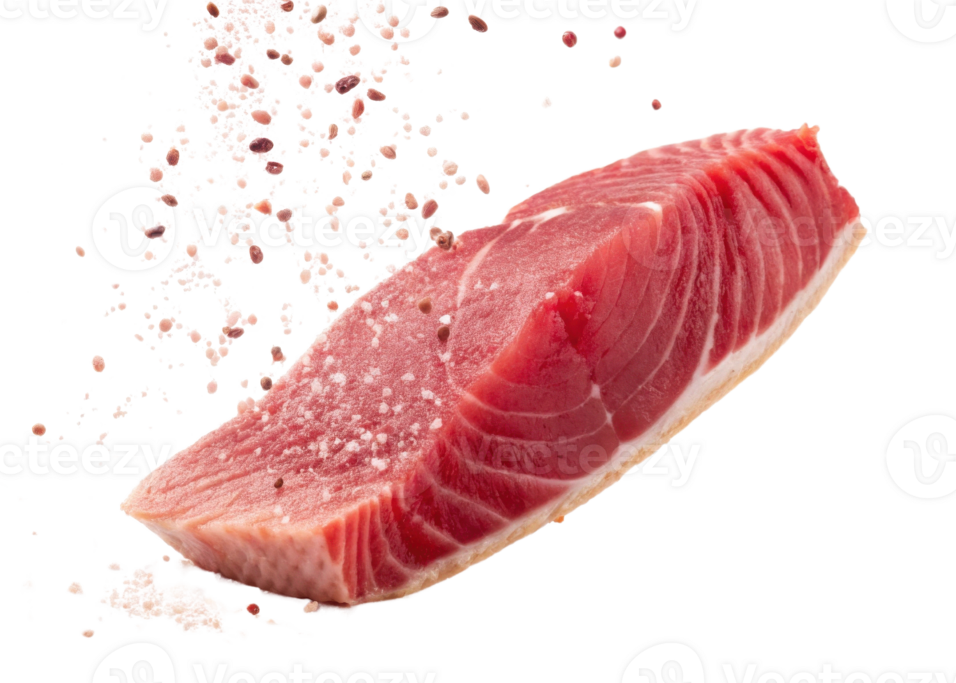 Fresh tuna steak sprinkled with salt and pepper seasoning ready for cooking or grilling with vibrant red color and texture png