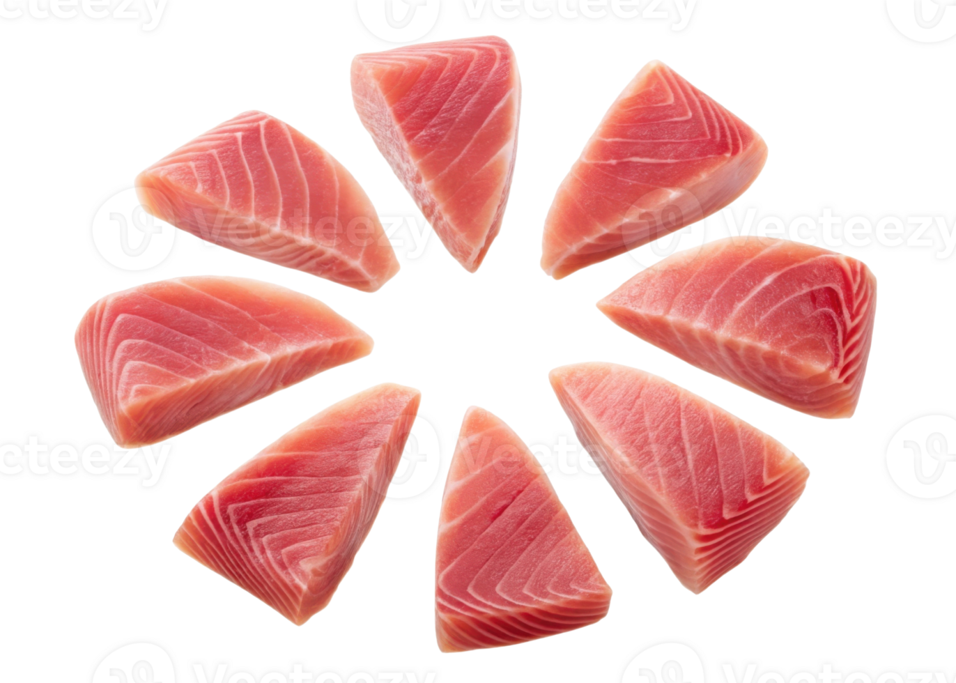 Fresh tuna pieces arranged in circle showing rich red color and texture of fish, perfect for sushi or sashimi dishes png