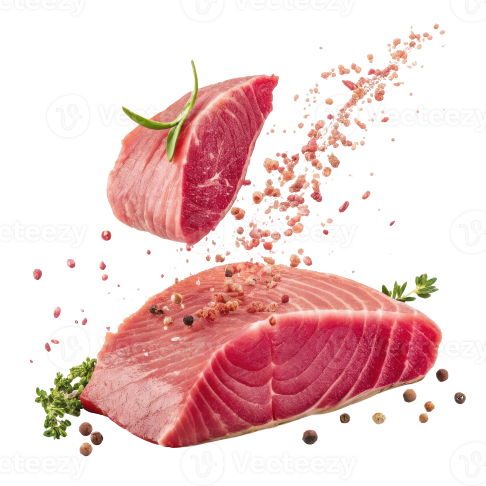 Fresh tuna steak with herbs and spices sprinkled on top creating vibrant and appetizing scene full of flavor and freshness png