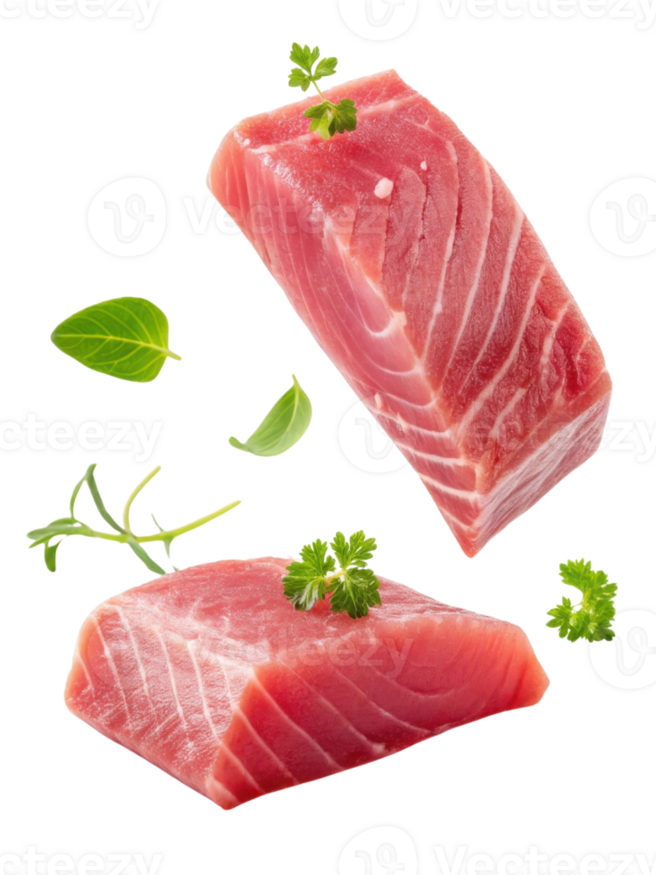 Fresh tuna fillet with green herbs on transparency background showing raw seafood and healthy ingredients for cooking png