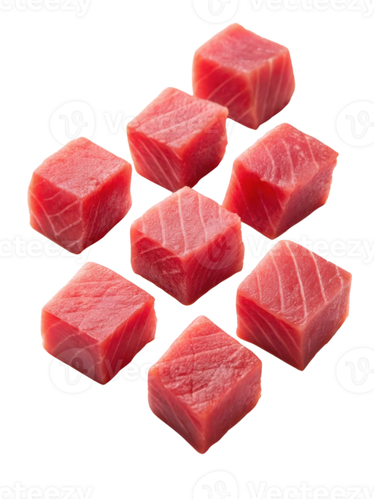 Fresh tuna cubes are neatly cut into perfect shapes showing vibrant red color and texture, ideal for sushi or sashimi dishes png
