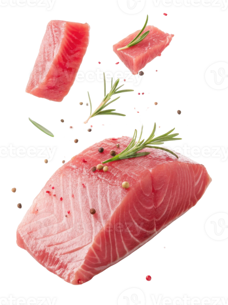 Fresh tuna pieces with rosemary and peppercorns create vibrant and appetizing display of raw seafood perfect for cooking or sushi lovers png