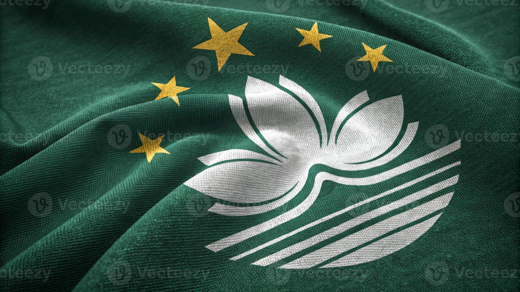 Closeup of Macau Flag with Lotus and Gold Stars on Fabric photo