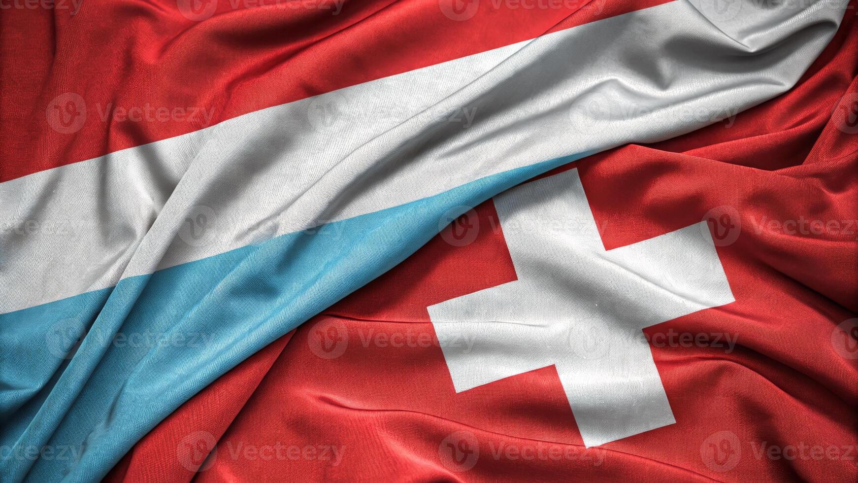 Luxembourg and Switzerland Flags Side by Side on Textured Fabric photo
