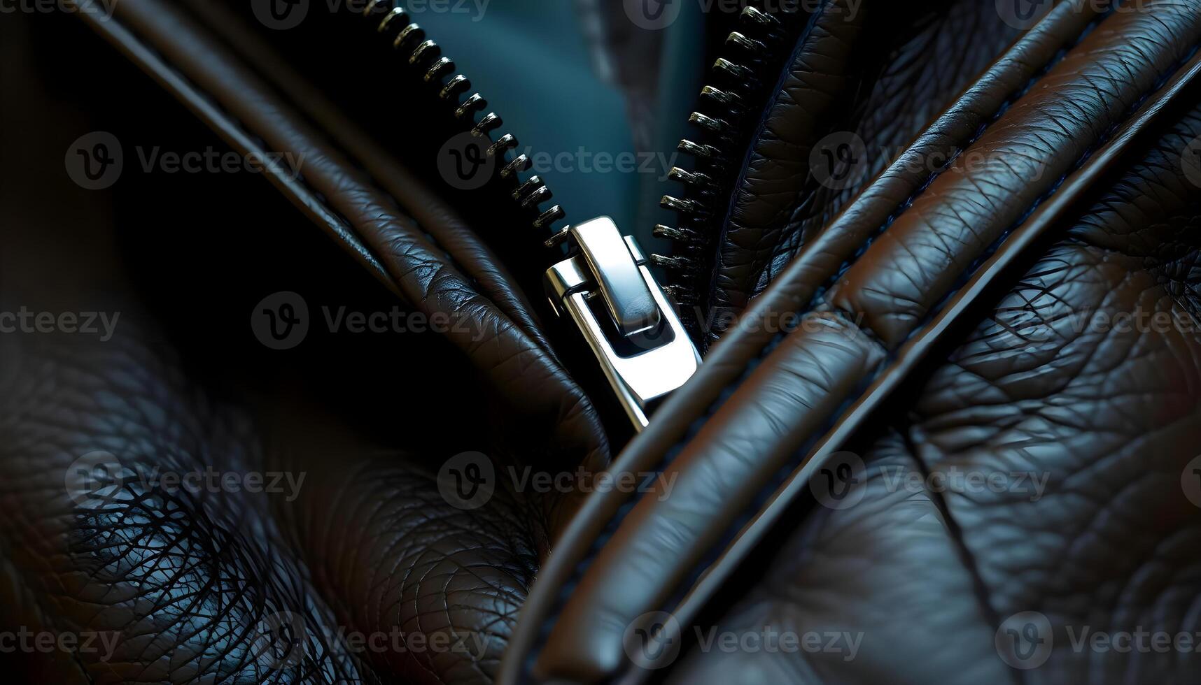 a close up of a zipper on a black leather jacket photo
