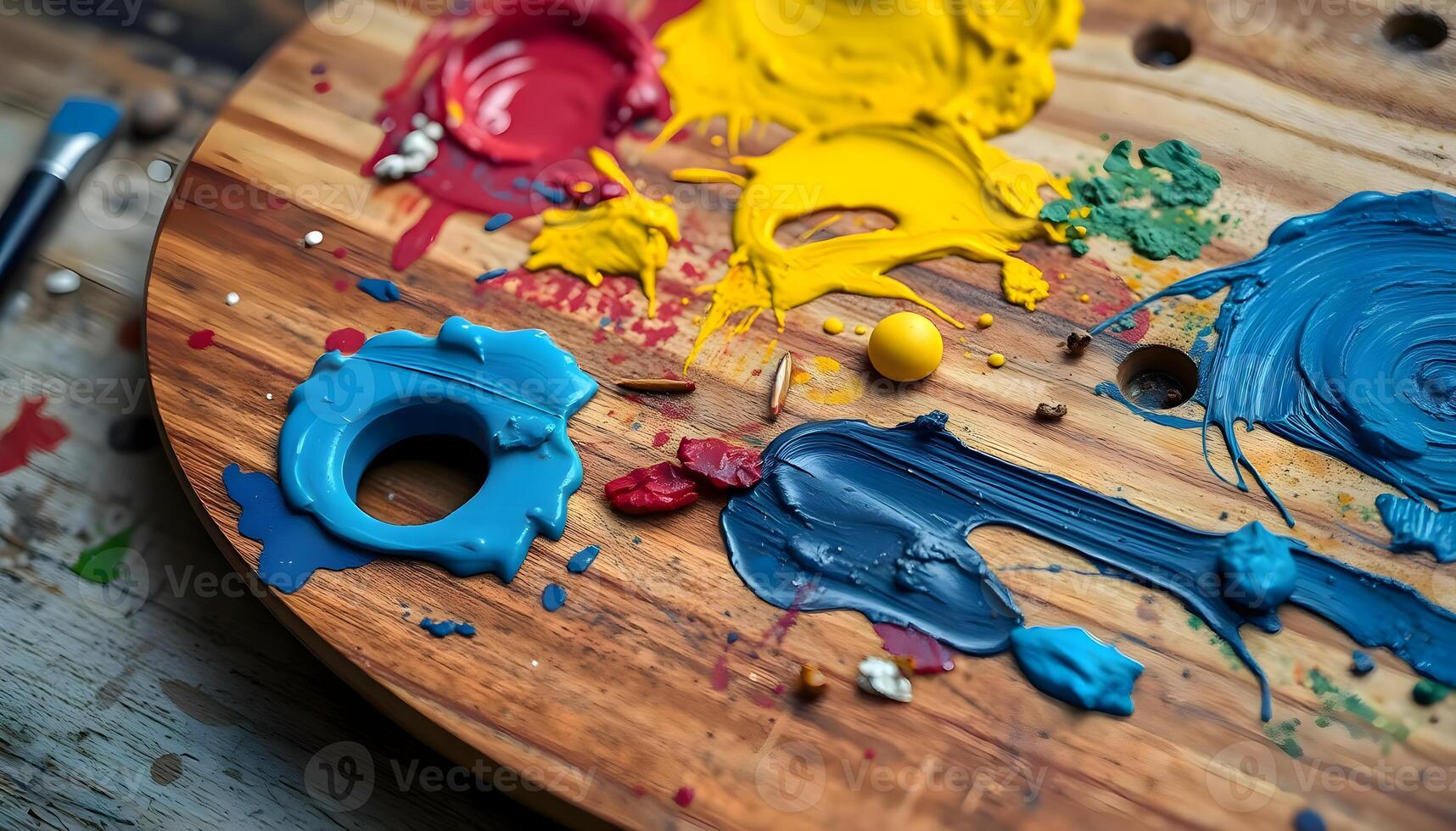 A wooden palette with paint and brushes on it photo
