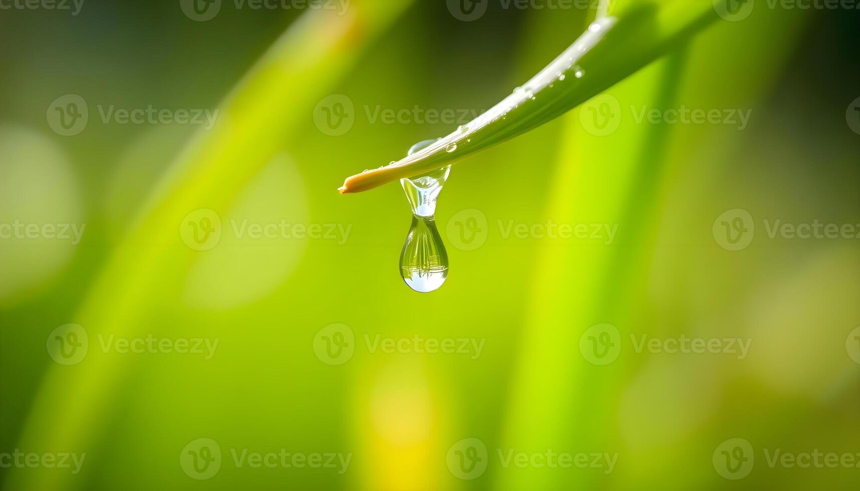 A drop of water hangs from a grass stem photo