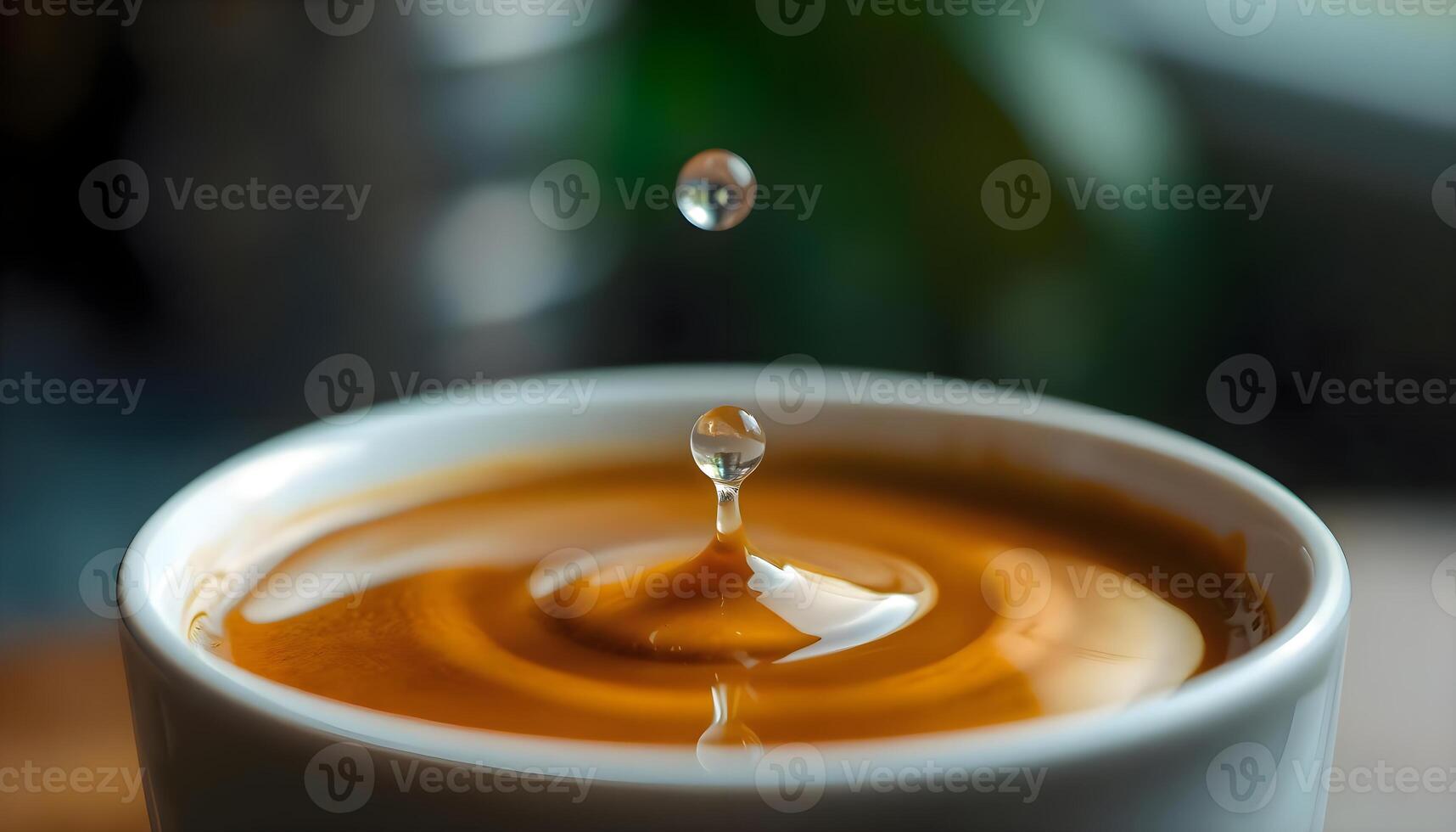 a drop of liquid is falling into a cup of coffee photo