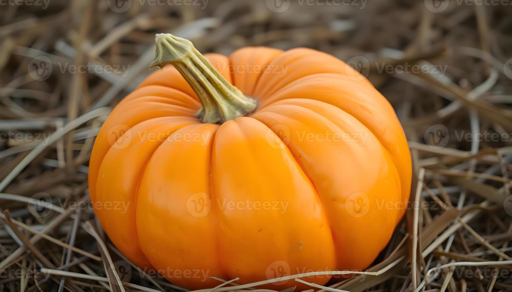 A small orange pumpkin sitting on top of dry grass photo