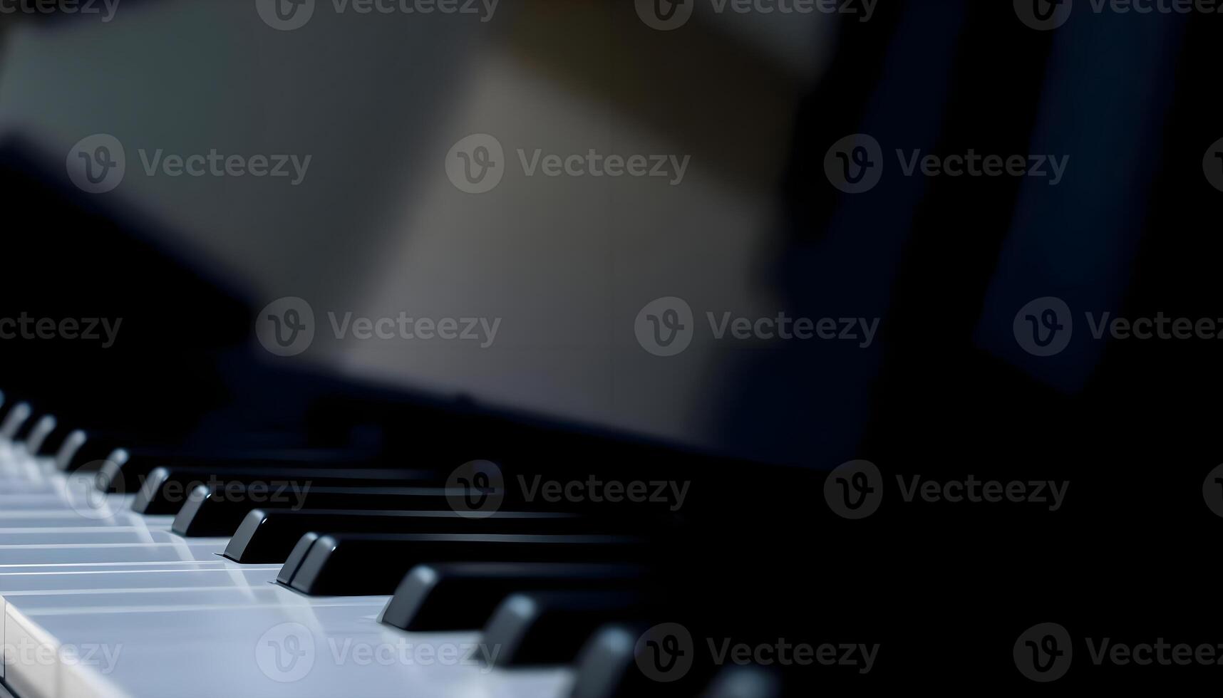 A close up of a piano keyboard with a blurred background photo