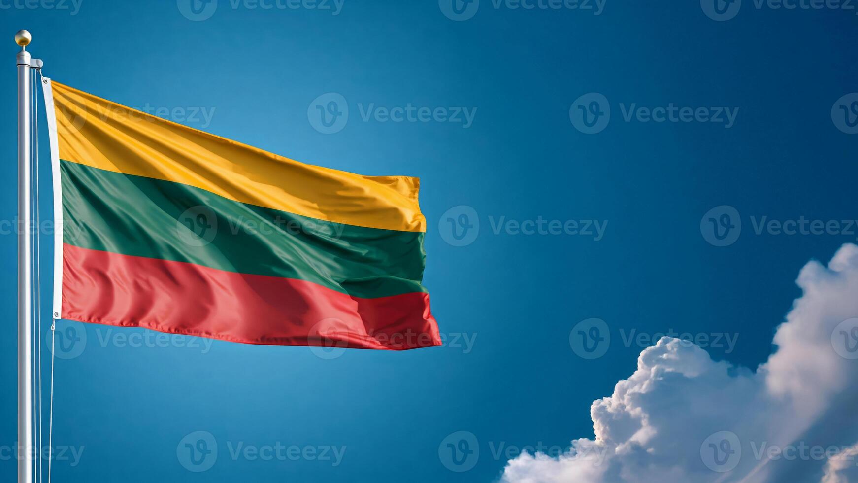 national flag of lithuania waving on the wind, banner in the blue sky photo