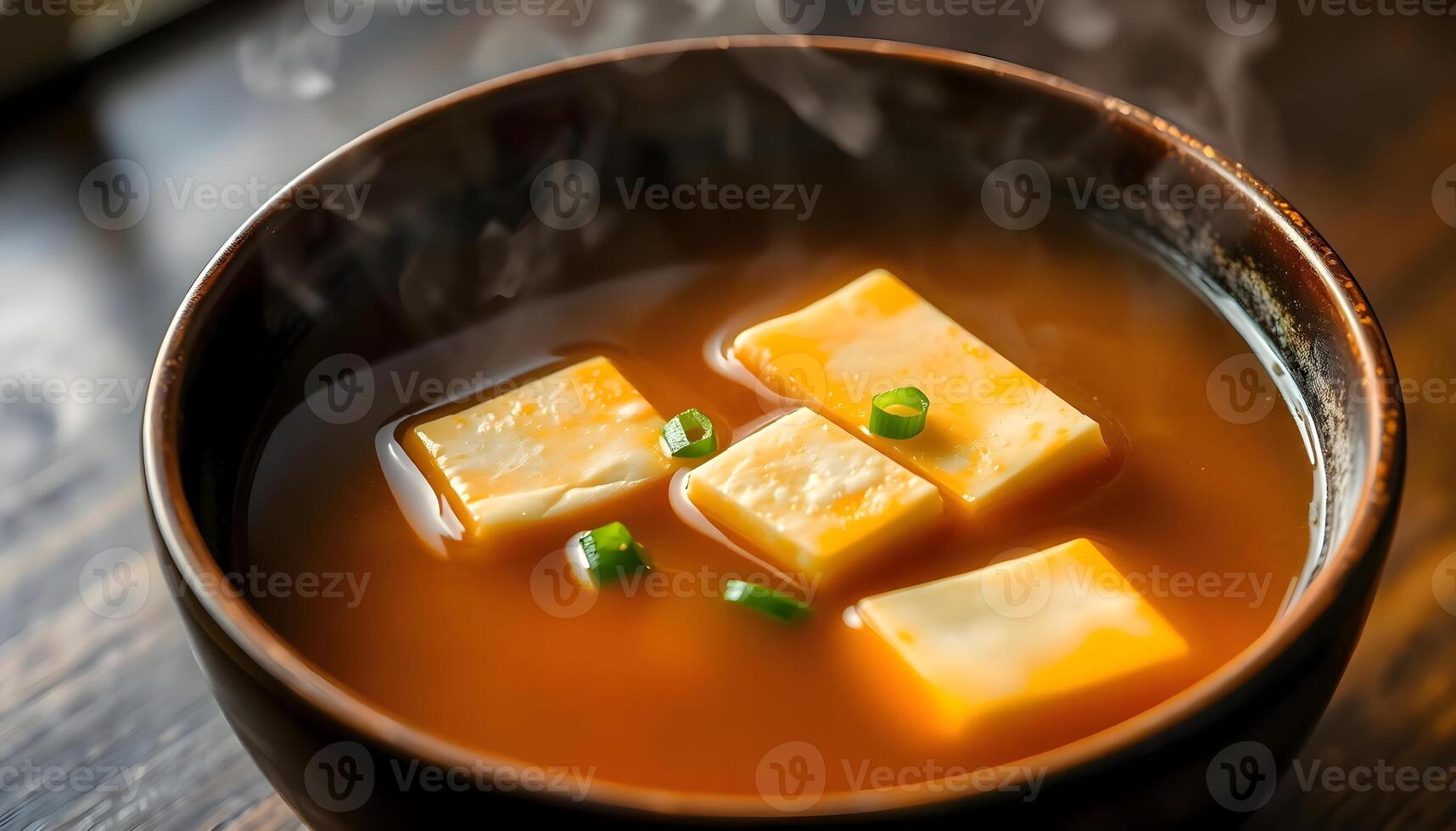 A bowl of soup with tofu cubes in it photo