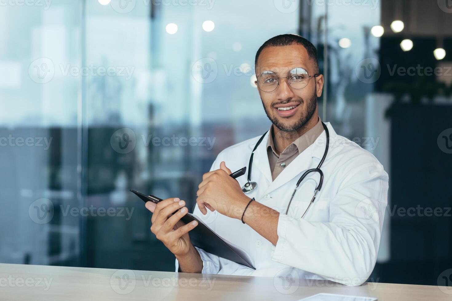 Webcam view hispanic doctor looking at camera and consulting patients man in medical gown working remotely inside modern clinic office. photo