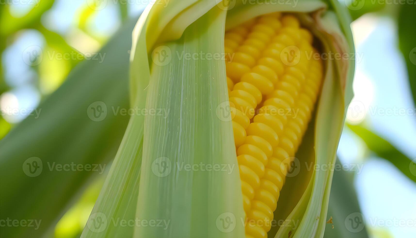 A close up of a corn ear on a stalk photo