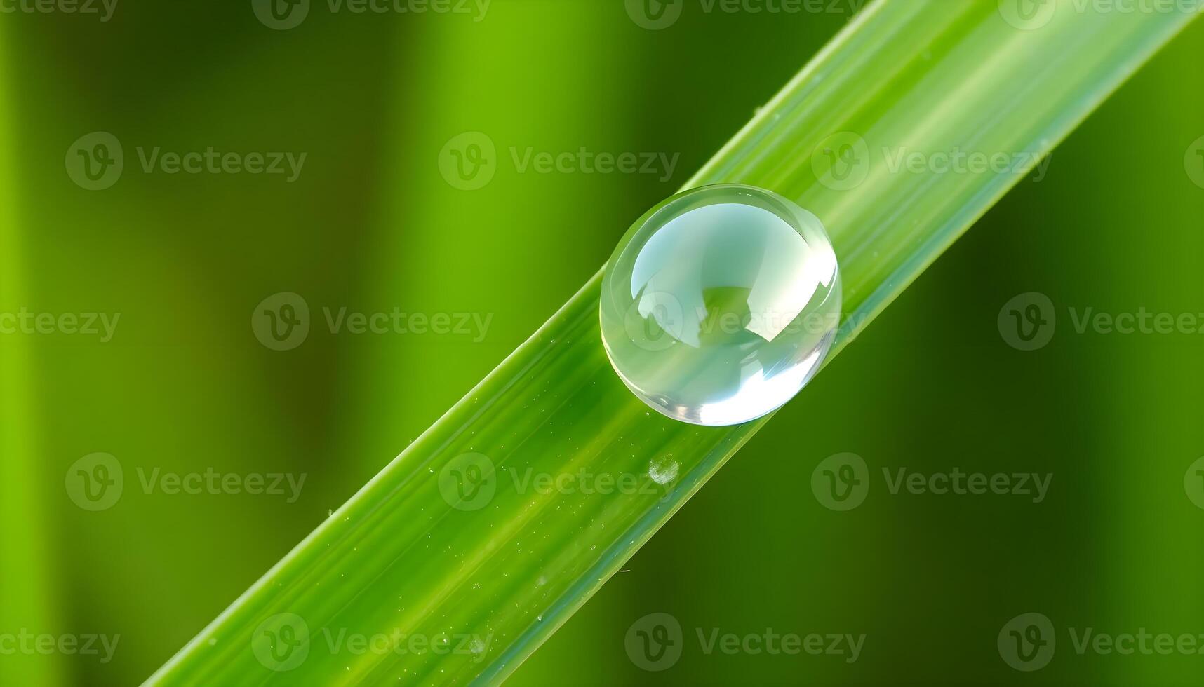 A drop of water sits on the end of a blade of grass photo