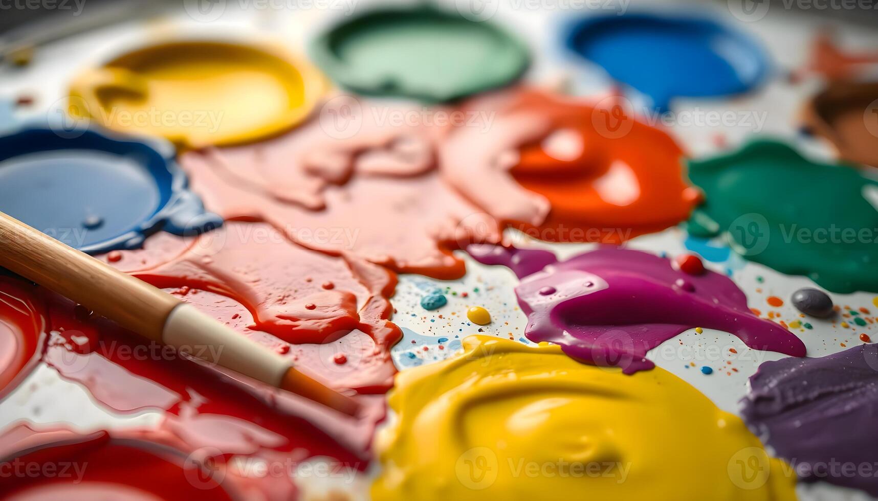 A paint palette with paint and a brush photo