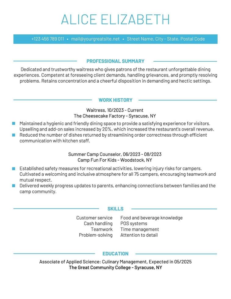 Part Time Jobs Resume for Waitress template