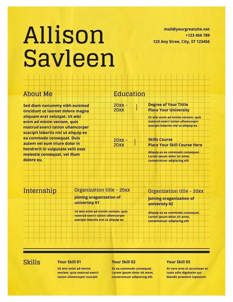 Black and Yellow Internship Fresh Graduates Resume Template