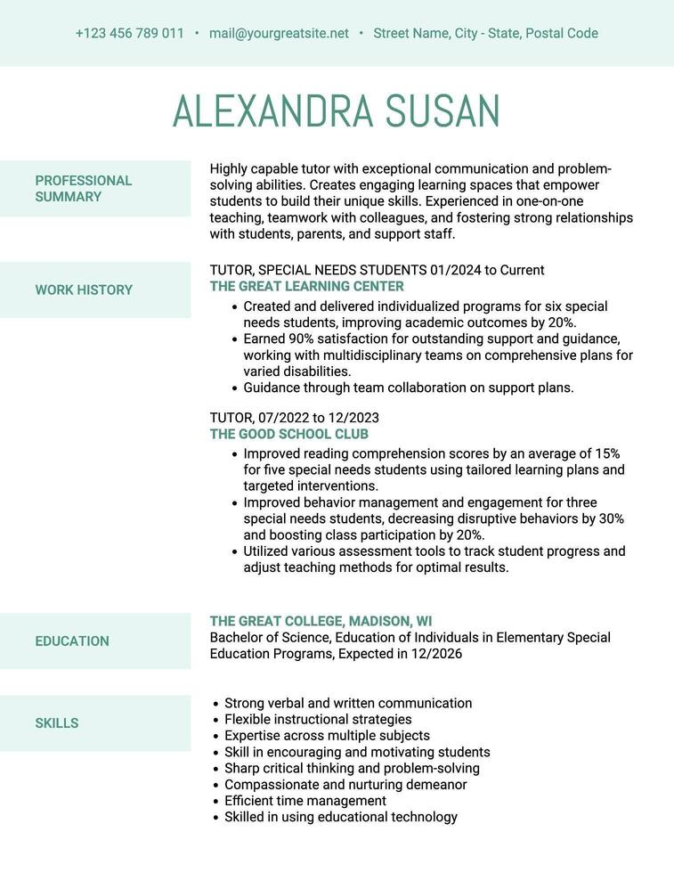 Part Time Jobs Resume for Tutor template