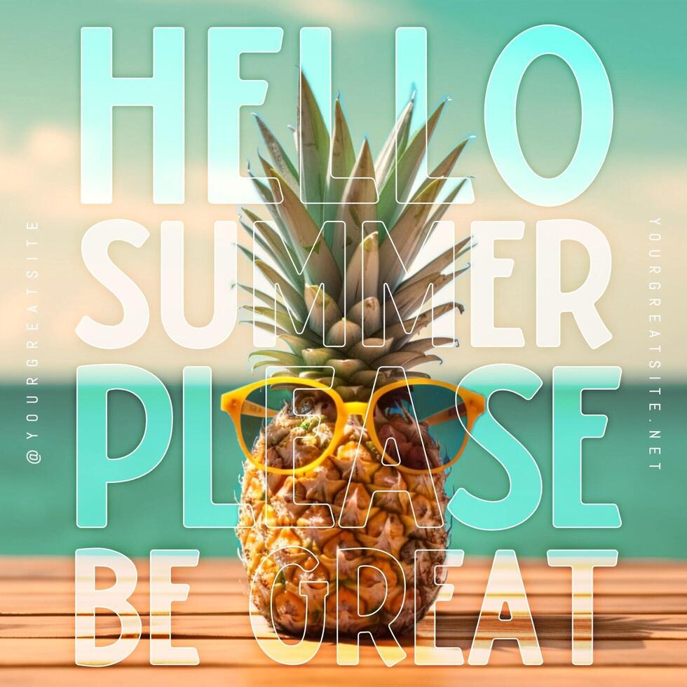 Hello Summer Greeting Post for Instagram with Pineapple Wearing a Sunglasses template