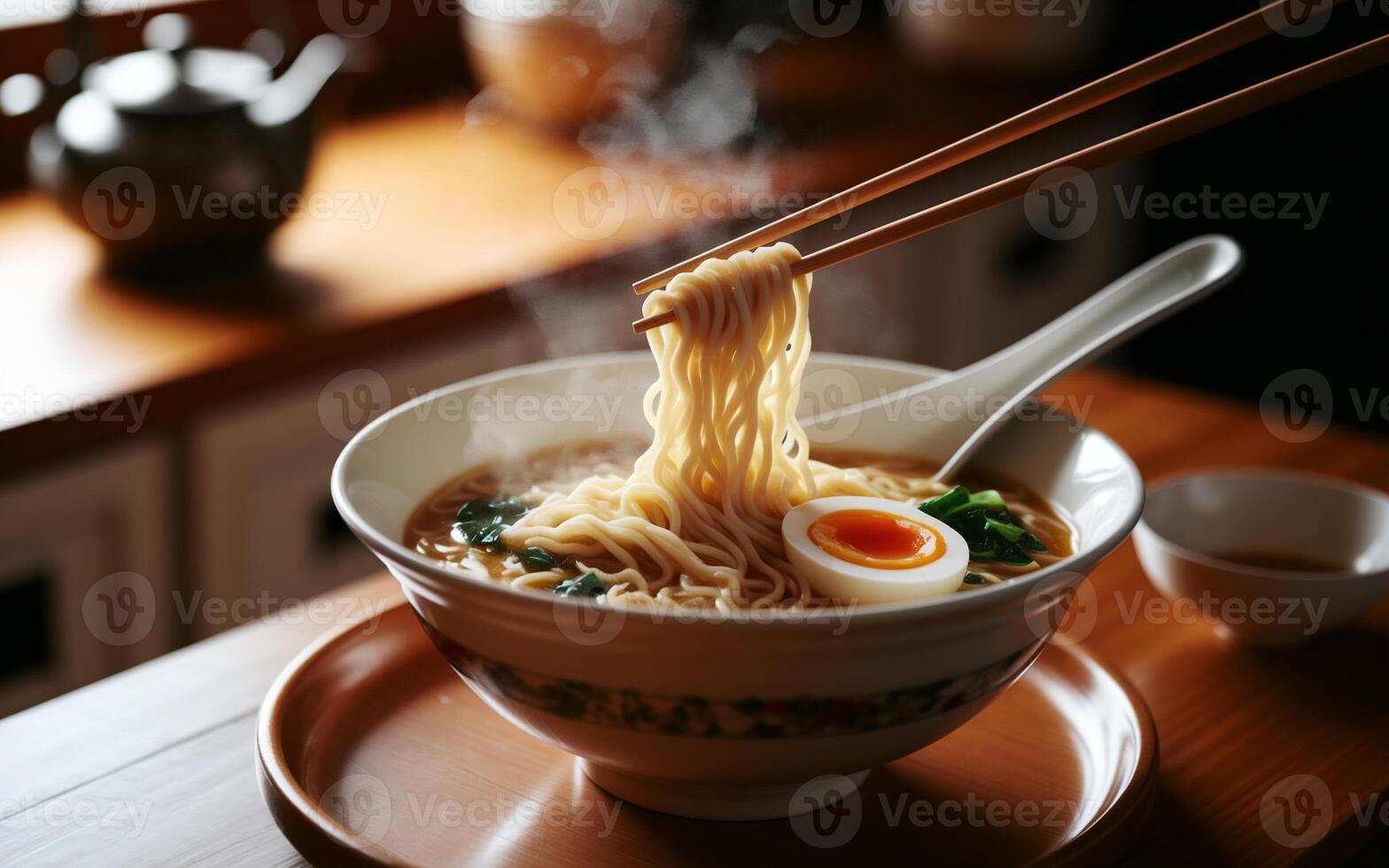A steaming bowl of ramen is garnished with a perfectly cooked soft-boiled egg and fresh greens photo