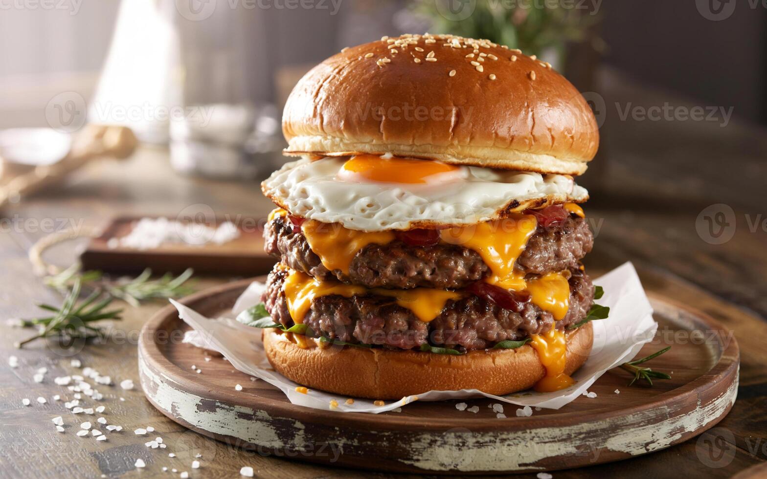 A towering burger is stacked with layers of juicy beef patties, melted cheese, and crispy bacon topped with a egg. photo