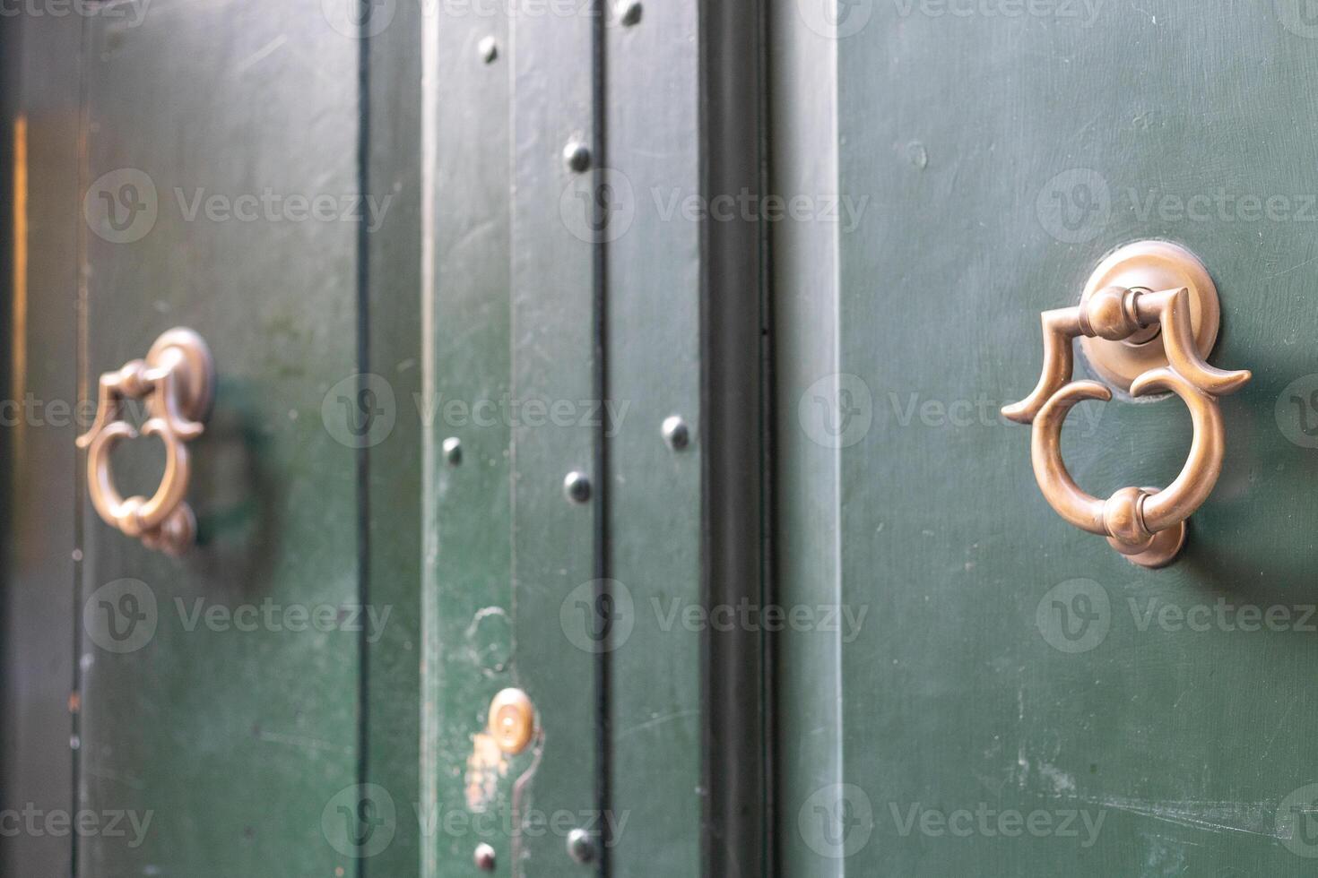 Elegant brass knockers adorn weathered green doors in a charming historic building, evoking a sense of timeless elegance and mystery photo