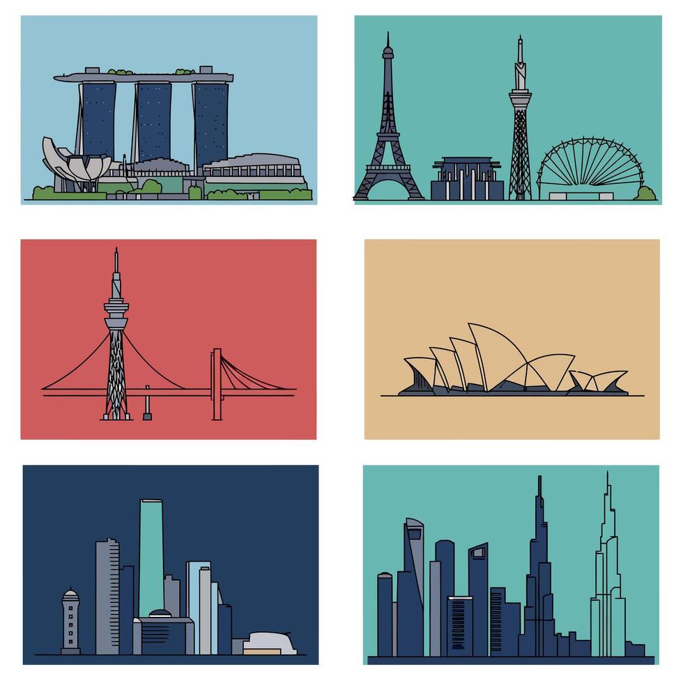 Famous World Landmarks Illustration Including Marina Bay Sands Eiffel Tower Sydney Opera House vector