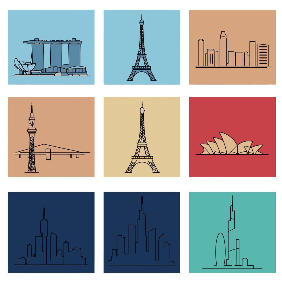 Iconic World Landmarks Set Including Eiffel Tower Sydney Opera House and Burj Khalifa vector