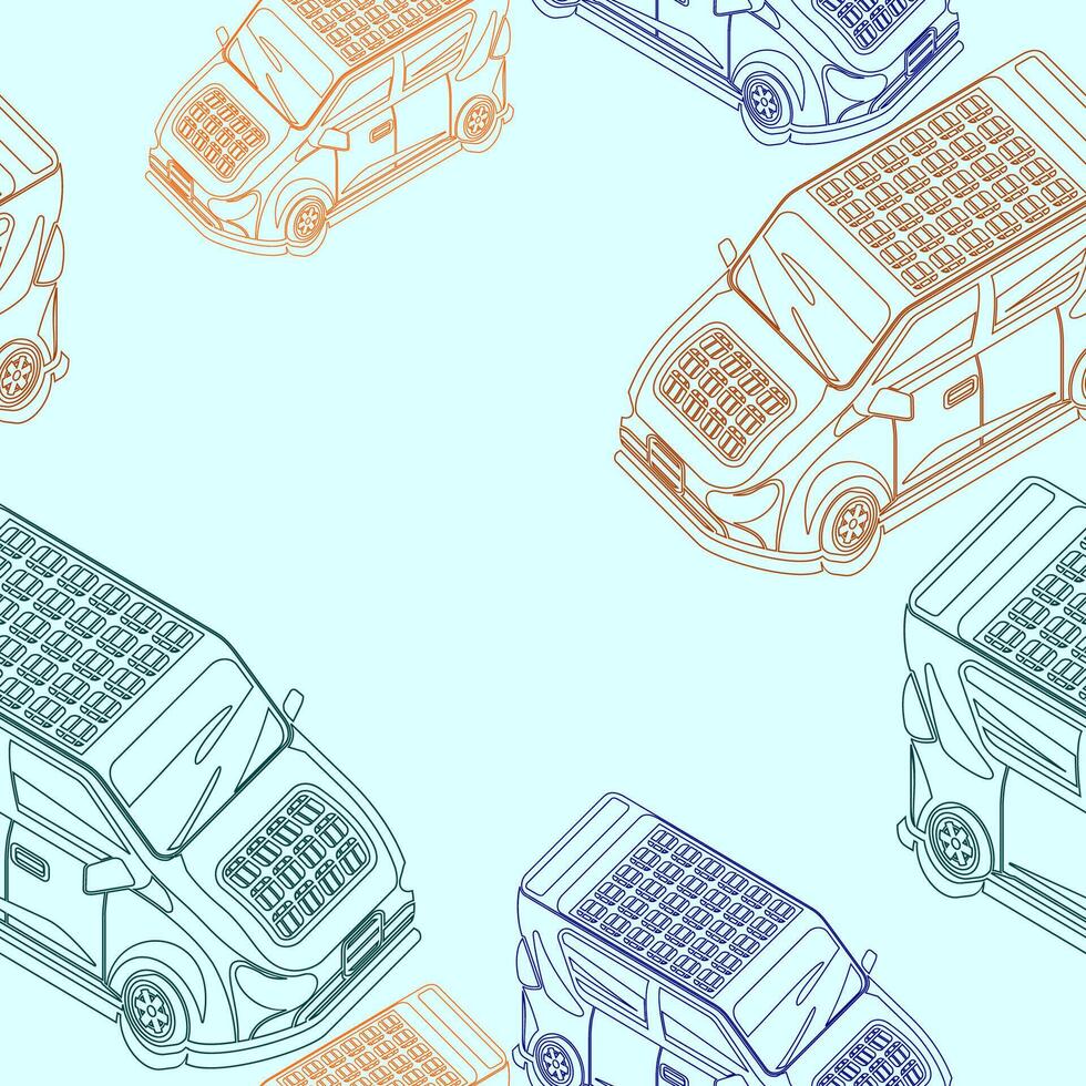 Editable Outline Isometric-like Top View Solar Electric Car Vectorized Illustration Seamless Pattern for Background of Futuristic Eco-friendly Vehicle and Green Life or Renewable Energy Campaign vector