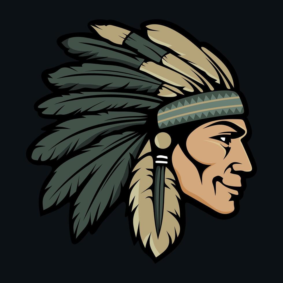 colored stylized icon of red skinned american indian isolated on black background vector