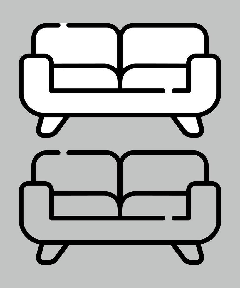 black and white stylized sofa icon isolated on grey background vector