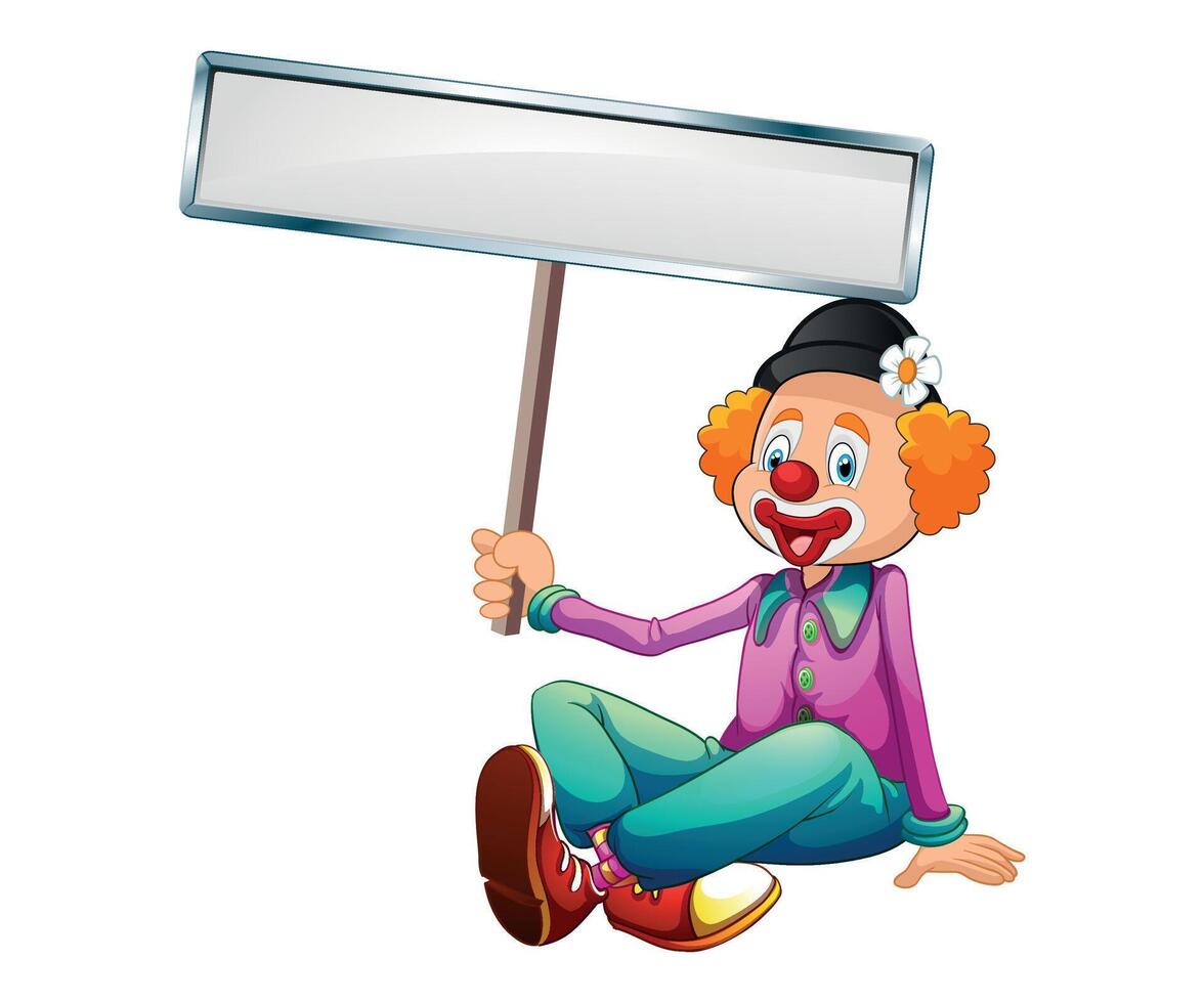 colorful sitting clown with sign on white background vector