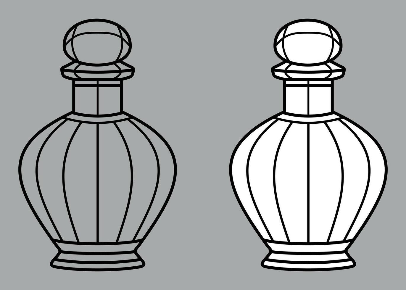 black and white stylized perfume bottle icon isolated on grey background vector