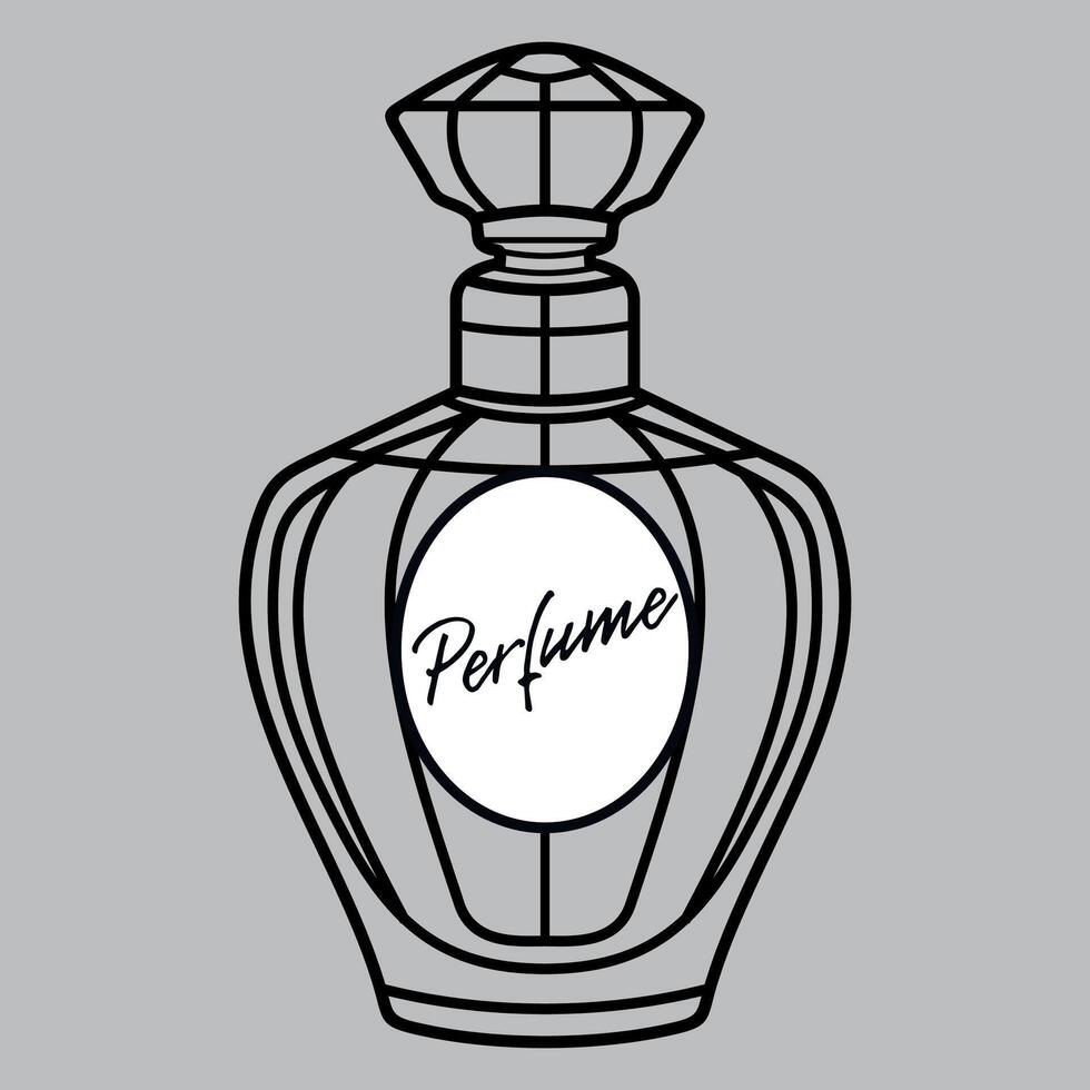 black and white stylized icon of perfume bottle with inscription perfume on white background vector