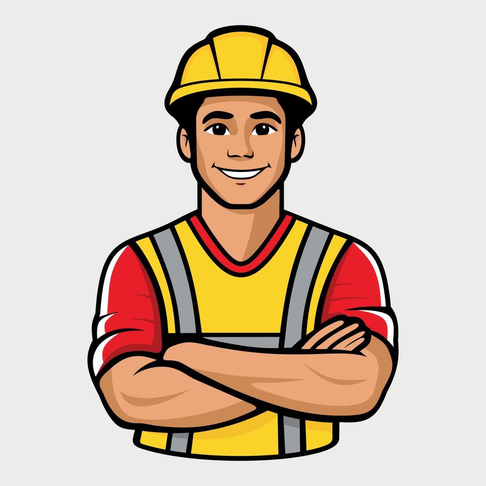 Colored stylized icon of a worker in a special yellow vest and helmet isolated on a white background vector