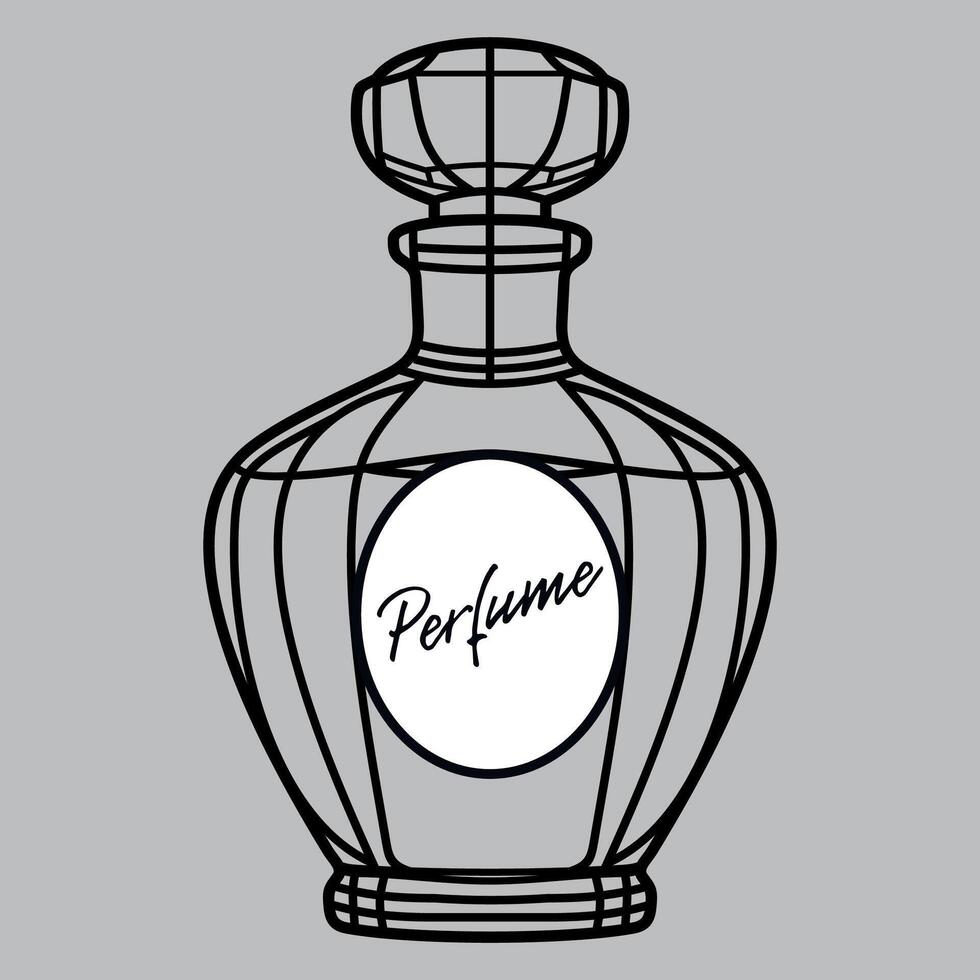 black and white stylized icon of perfume bottle with inscription perfume isolated on white background vector