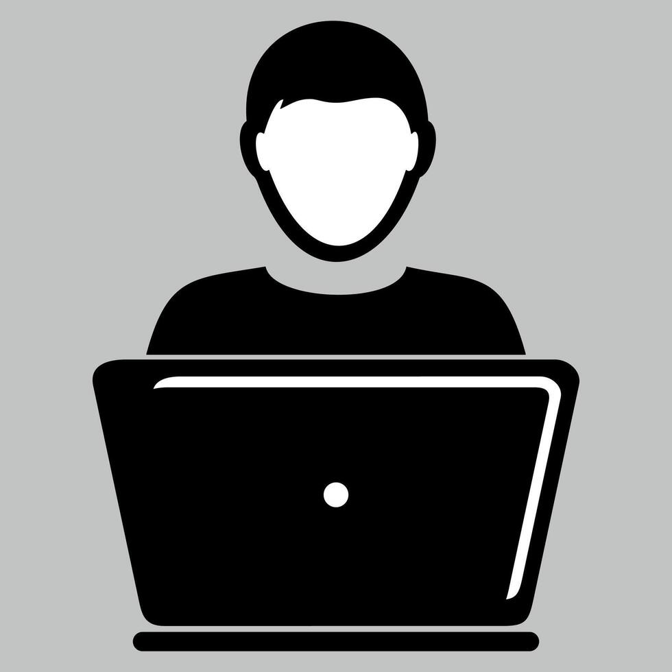 stylized black and white icon of a man at a laptop isolated on a white background vector