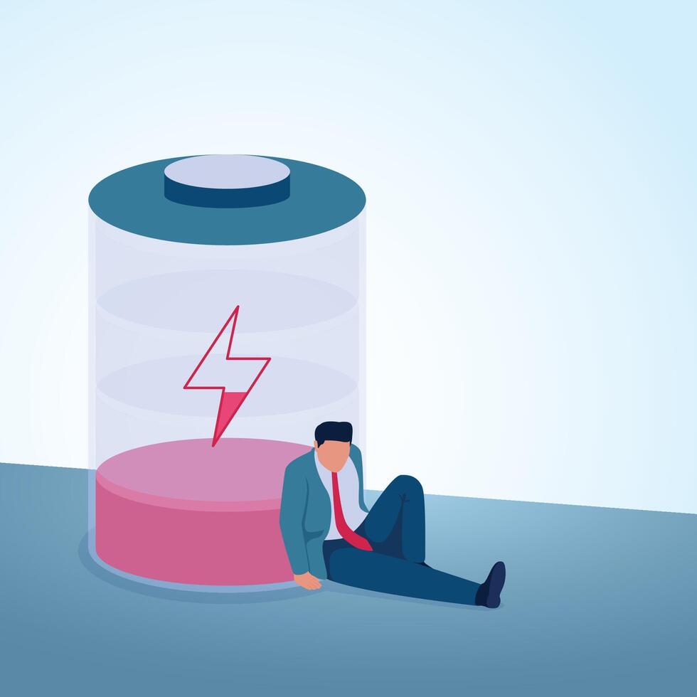 An exhausted man leans on a red, nearly dead battery. A metaphorical illustration of burnout, stress and work exhaustion. vector