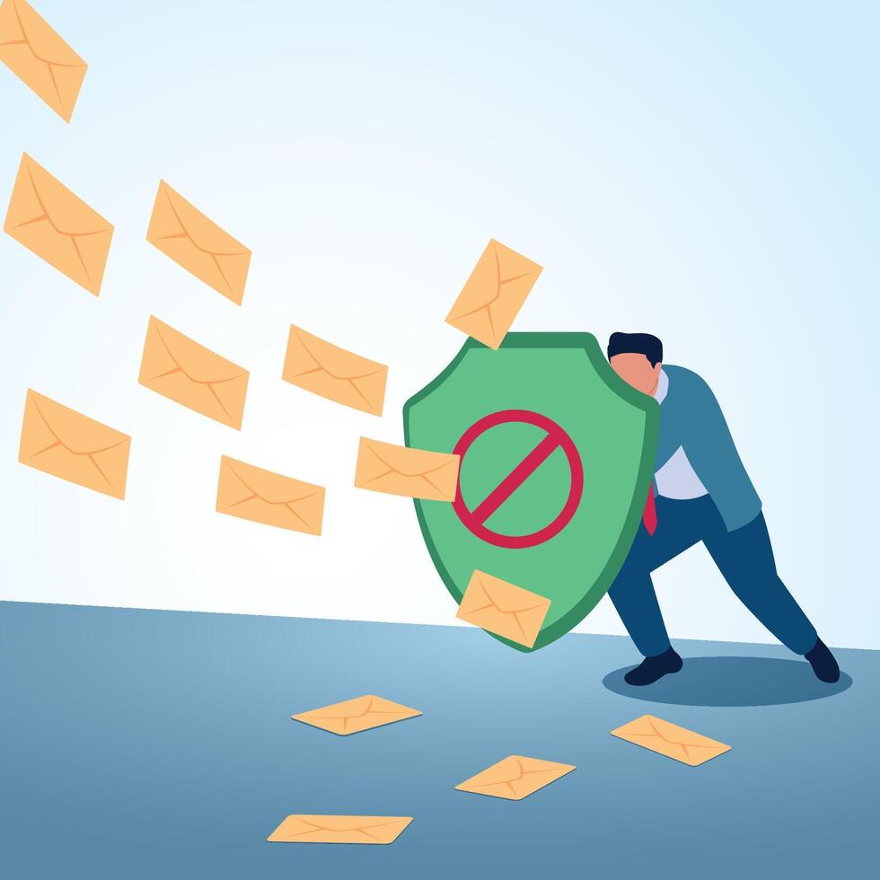 A man holds a shield protecting him from thousands of incoming emails. A metaphorical illustration for spam protection, fake emails and cyber security. vector