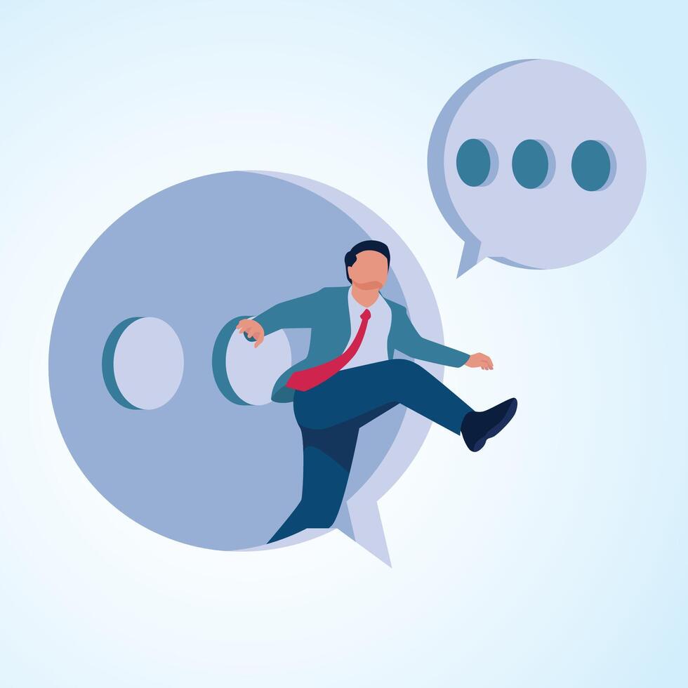 A man jumps out of a chat bubble. A metaphorical illustration for speaking up, voicing opinions and healthy communication. vector