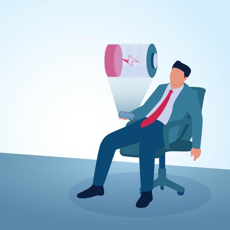 A tired man leans back in his office chair and sees a red battery that is almost dead. A metaphorical illustration of burnout, stress and work fatigue. vector